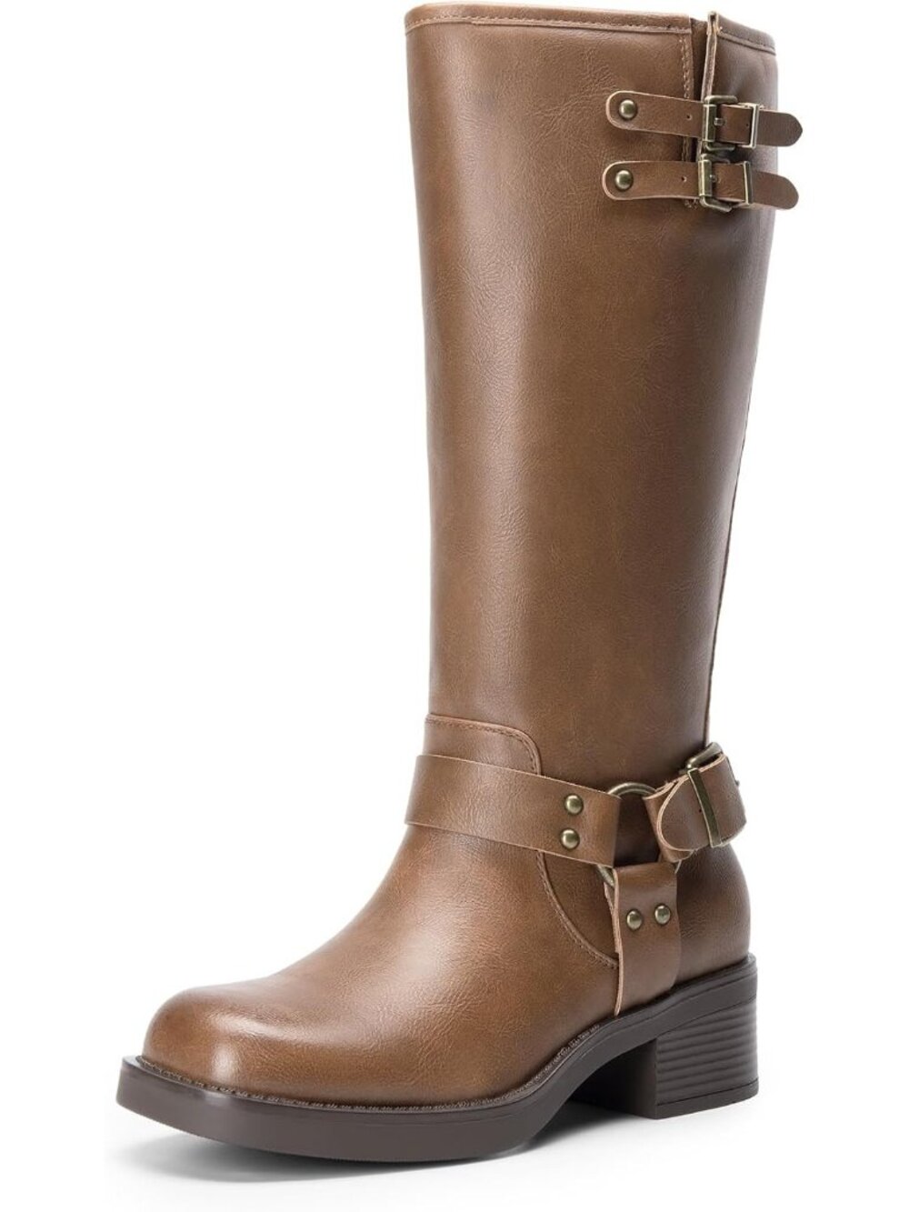 👢DREAM PAIRS Women's Tan-Pu Moto Knee High Boots Low Chunky Heel Biker Boots